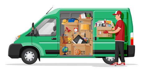 Moving to new house. Family relocated to new home. Male mover, paper cardboard boxes isolated. Package for transportation. Delivery van car, computer, lamp. Vector illustration in flat style