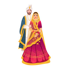 Indian Wedding Couple Together Standing on White Background.