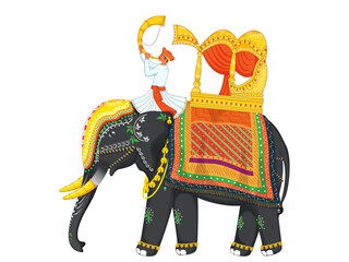 Cartoon Man Blowing Tutari Horn Sit on Decorative Indian Elephant.