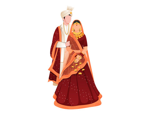 Faceless Indian Wedding Couple Together Standing on White Background.