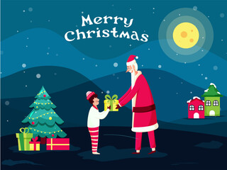 Illustration of Cheerful Santa Claus Giving Gift to Boy with Decorative Xmas Tree and Houses on Full Moon Blue Snowfall Background for Merry Christmas.