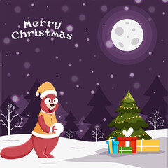 Cartoon Squirrel Holding Snowball with Gift Boxes and Decorative Xmas Tree on Full Moon Snowfall Purple Background for Merry Christmas.