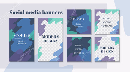 Modern web banner for social media mobile apps in flat design. Stylish social media posts, story and photos. Editable templates with space for text. Vector Illustration
