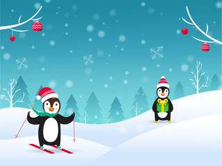 Winter Landscape Background with Cartoon Two Penguins Wear Santa Hat in Different Poses.