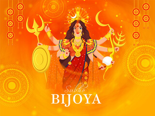 Hindu Mythological Goddess Durga Sculpture on Orange Mandala Pattern Background for Subho Bijoya.