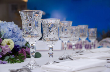 Crystal glass on the table at the party