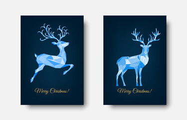 Christmas  greeting card with polygonal blue reindeers.