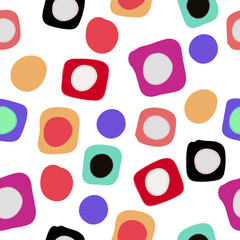 Seamless pattern with isolated squares and circles in red and purple and blue colours. Vector illustration