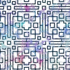 Lux navy and white iridescent geo seamless pattern. High quality illustration. Geometric shapes overlayed with holographic faded blurry colors and blobs in a marble like pattern. Futuristic design.