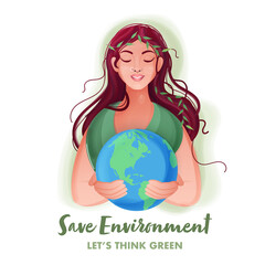 Beautiful Young Woman Holding Earth Globe on White Background for Save Environment Concept.
