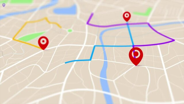 3D rendering GPS map navigator with direction path, different color of a route for transport concept, select focus shallow depth of field