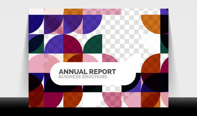 Horizontal A4 business flyer annual report template, circles and triangle style shapes modern geometric design for brochure layout, magazine or booklet