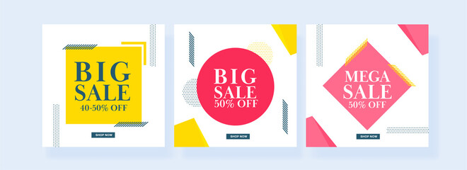 Mega and Big Sale Poster Design with Different Discount Offer in Three Options.