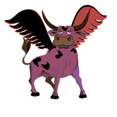 bull pegasus angry
bull angry look with wings black spots big horns serious guy
