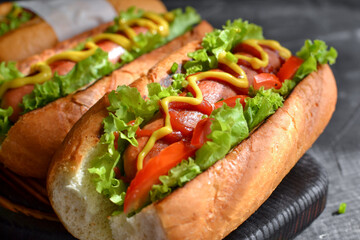 Hot dogs with various fillings. Dark background. food background with copy space. Hot dogs with mustard and ketchup, lettuce, cheese and tomatoes. Close up