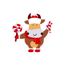 Vector illustration on the theme of the New Year. Bull picture with festive details. For a postcard, for a congratulation, a poster, a sticker.