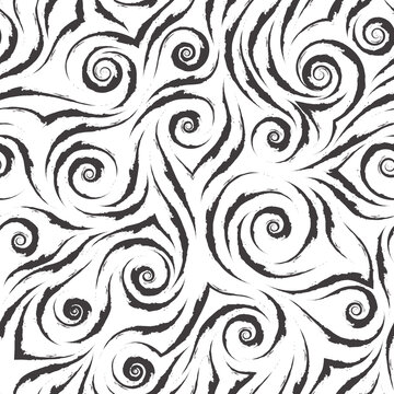 Stock black and white vector seamless pattern. Water waves or splashes. Abstract texture from brush strokes isolated on white background