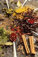 spices and herbs, set of spices on spoons in circle