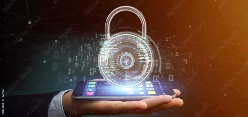 Poster businessman holding a padlock and security data - 3d rendering