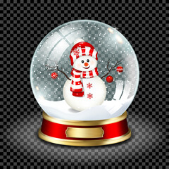 Realistic transparent snow globe with snowman, isolated.