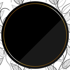 円形のフレーム　ブラック＆ゴールド　手描きリーフパターンの背景