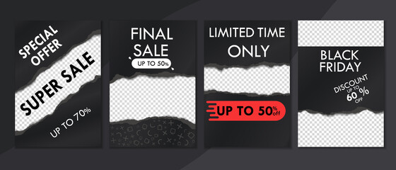 Set of sale, website store banner templates. Banners for online shopping. Editable Instagram Stories template with torn paper. Vector illustrations for posters and newsletter designs, ads