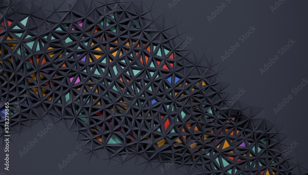 Poster black abstract geometric background with colorful triangles. 3d render / rendering