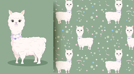 Cute animal baby llama on green seamless pattern illustration © kheat