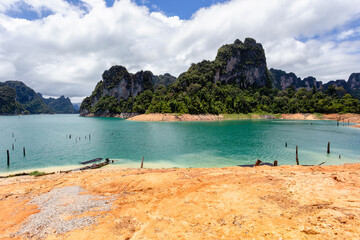 Beautiful mountains lake river sky and natural attractions in Ratchaprapha Dam at Khao Sok National Park