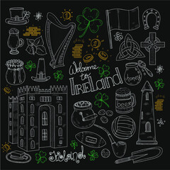 Set of Ireland related hand drawn icons including irish coffee; irish round tower and others. Doodle vector Ireland related collection