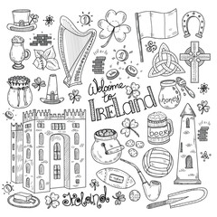 Set of Ireland related hand drawn icons including irish coffee; irish round tower and others. Doodle vector Ireland related collection