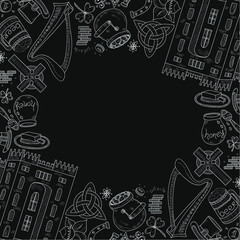 Card template with Ireland related hand drawn icons including irish coffee; irish round tower and others. Doodle vector Ireland related collection