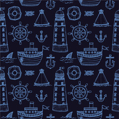Seamless pattern with cute hand drawn elements of marine theme including ship, anchors and others. Hand drawn marine collection