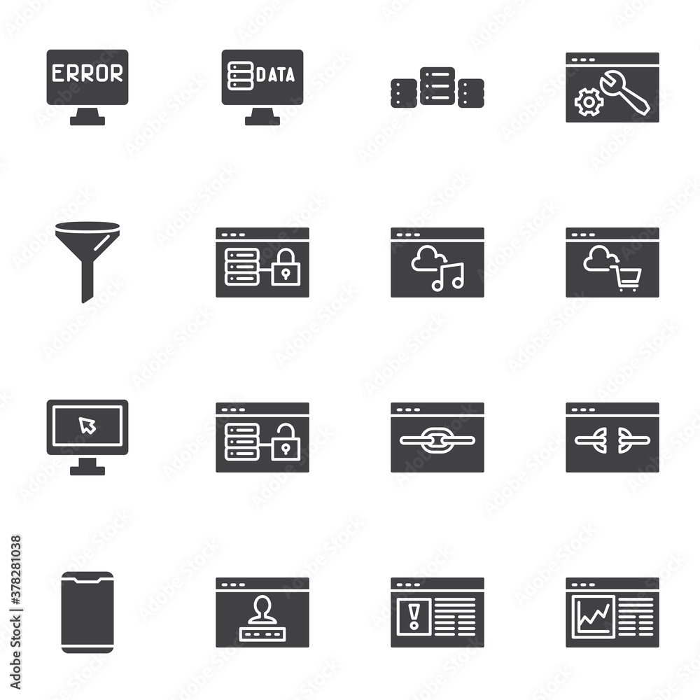 Poster data network server vector icons set, modern solid symbol collection, filled style pictogram pack. s