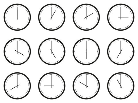 Set of analog wall clocks with black frame and hands. Flat style vector illustration. Simple classic round wall clock with points isolated on white background