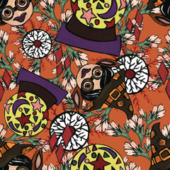 Halloween festival Tattoo cartoon watercolor witchcraft   bohemian gypsy tarot  For wrapping paper, cards, posters, banners autumn holiday party texture seamless repeat