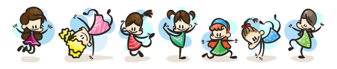 Collection of happy cartoon kids, colored hand drawn doodle outline style