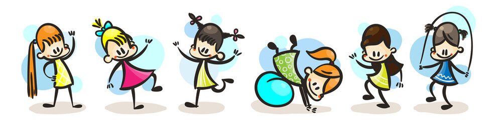 Collection of happy cartoon kids, colored hand drawn doodle outline style