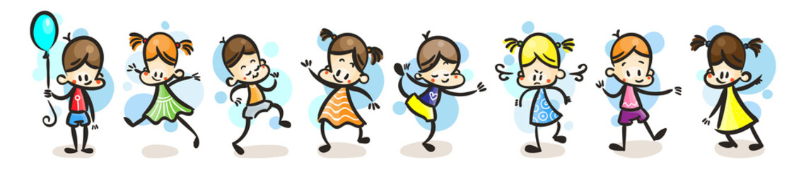 Collection of happy cartoon kids, colored hand drawn doodle outline style
