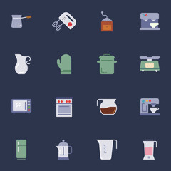 Kitchen utensils elements collection, flat icons set, Colorful symbols pack contains - blender, coffee grinder, microwave, french press, gas stove, scales. Vector illustration. Flat style design