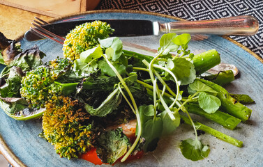 Close up of a grilled broccoli salad