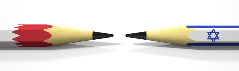 Pencils with flags of Bahrain and Israel. Political conflict concept. 3d rendering
