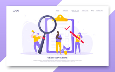 Online survey form business concept with tiny people with megaphone, pencil nearby giant clipboard claim form and flat style design vector illustration landing page template.