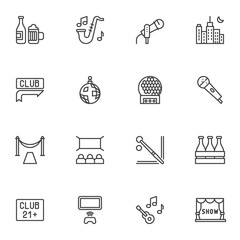 Nightlife line icons set, party related outline vector symbol collection, linear style pictogram pack. Signs, logo illustration. Set includes icons as entertainment, night club, karaoke, disco ball
