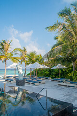 Fototapeta na wymiar Vertical photo of the swimming pool at the tropical resort