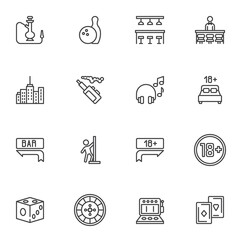 Nightlife party line icons set, outline vector symbol collection, linear style pictogram pack. Signs, logo illustration. Set includes icons as pub bar, casino gambling, city buildings, hookah