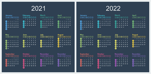 calendar 2021 2022 minimalistic full year colorful grid, starts sunday