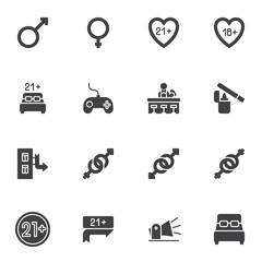 Nightlife vector icons set, modern solid symbol collection, filled style pictogram pack. Signs, logo illustration. Set includes icons as gender sex, man and woman, pub barman, bar counter, hotel