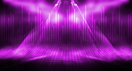 Background empty show scene. Ultraviolet dark abstract background. Geometric neon shapes, neon glow, blue and pink lighting