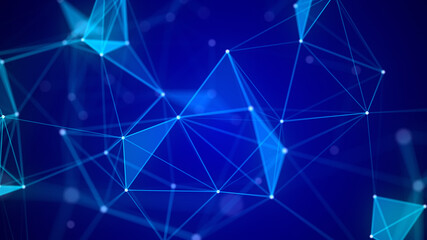 Abstract composition with connecting dots and lines. Dark blue background. Network connection. Chaos particels